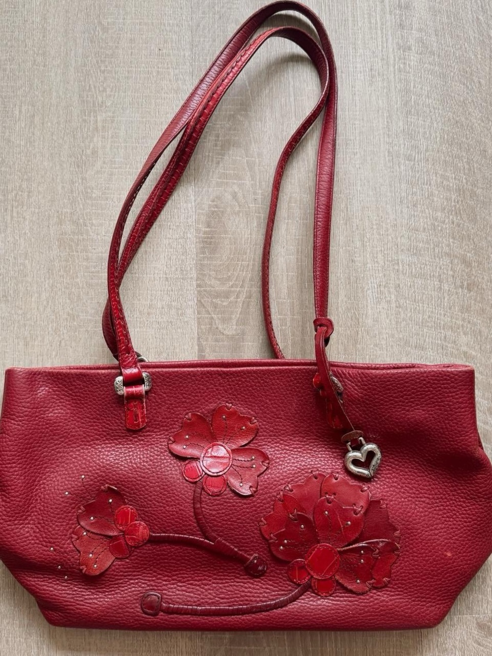 Red leather vintage purse - bowler bag with floral appliqué